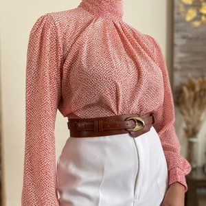 SOLD Vintage 70s Abstract High Ruched Mock Neck  Blouse Kathy Allison